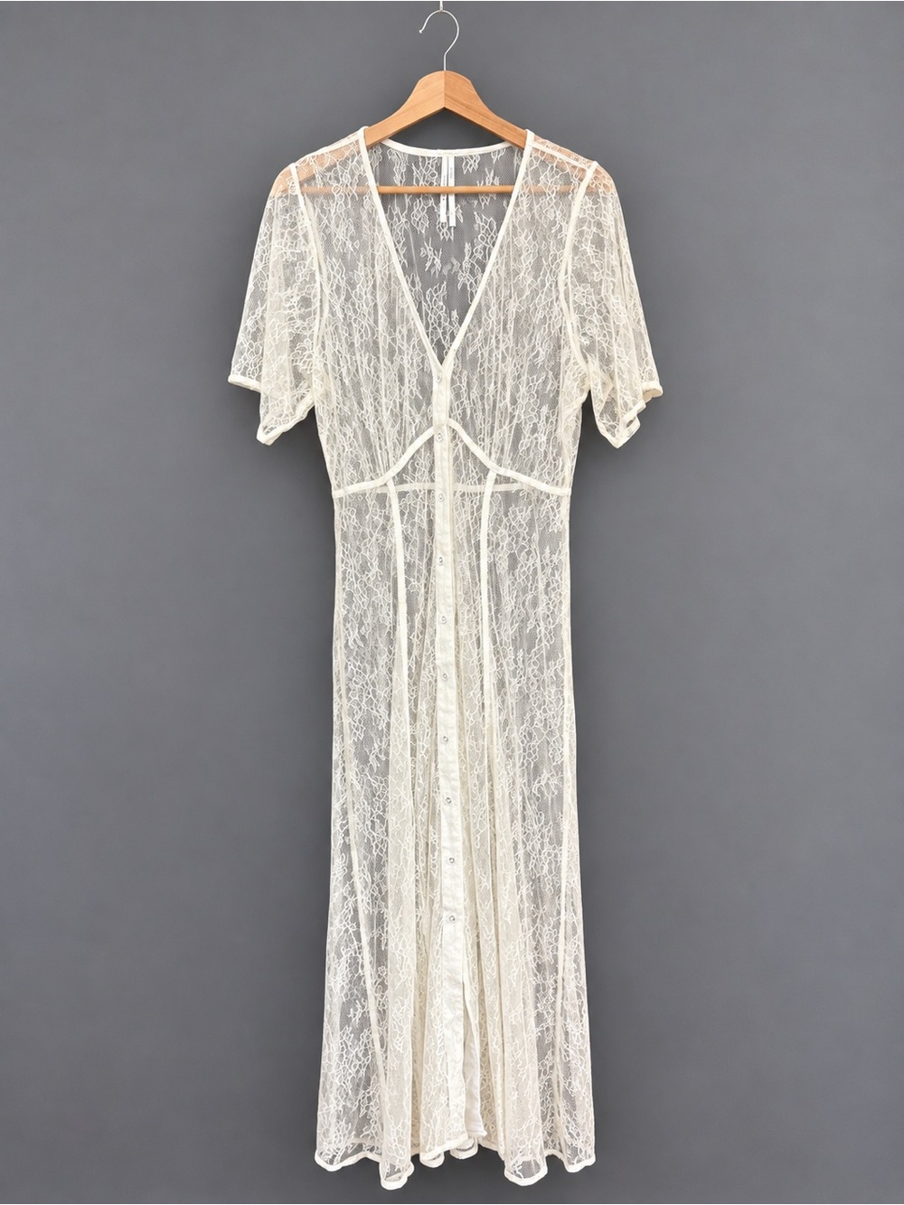 Anthropologie Ivory Sheer Lace Button Front Maxi Dress Size L
